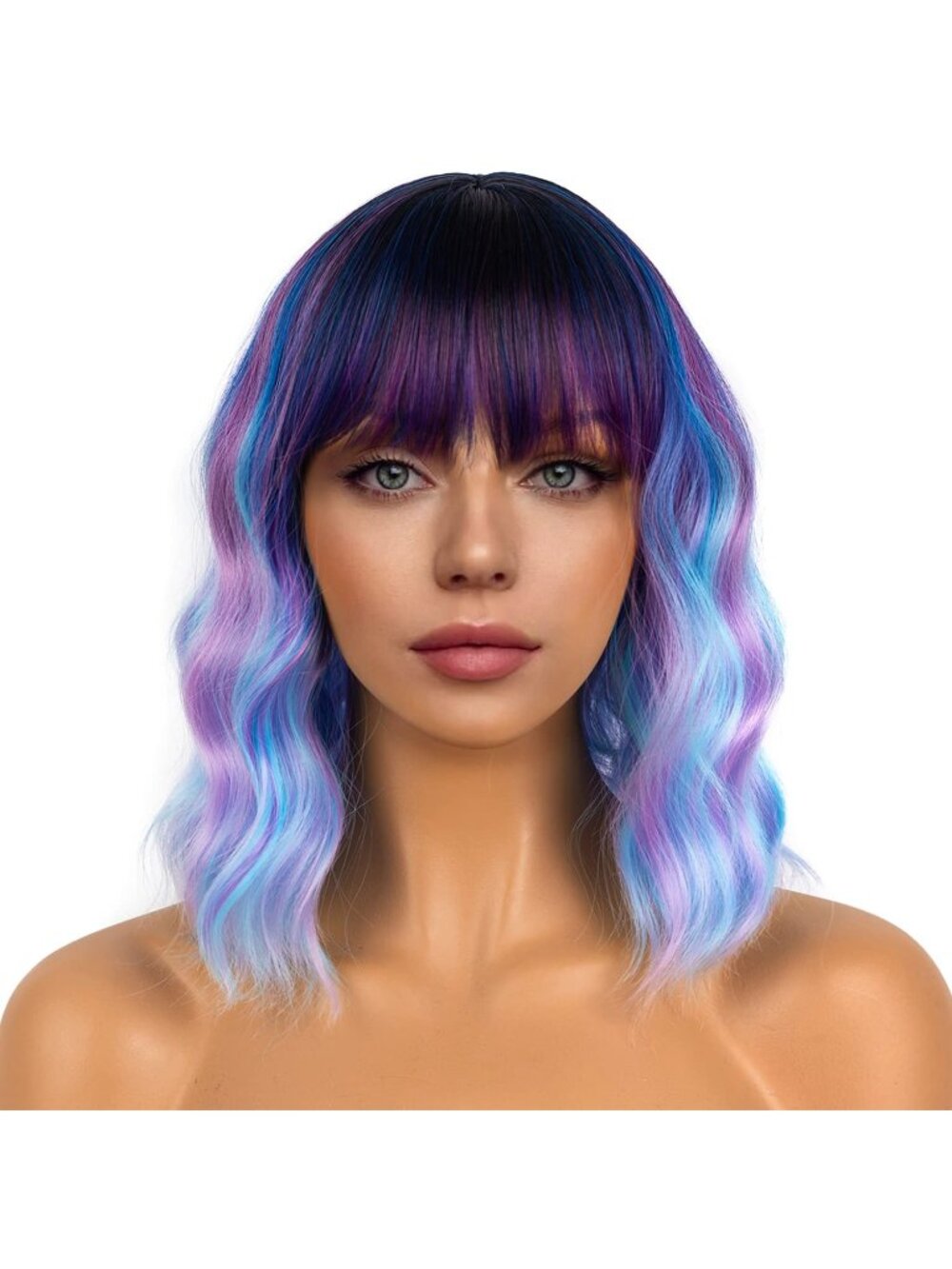 Women's Colorful Shoulder Length Synthetic Loose Wavy Short Bob Wigs Bangs